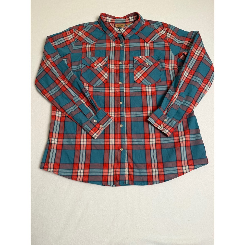 Wrangler Western Snap Plaid Shirt XL Teal Red Pearl Snap Long Sleeve LWE351M